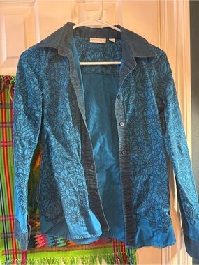 New York & Company Teal and Dark Blue Printed Shirt